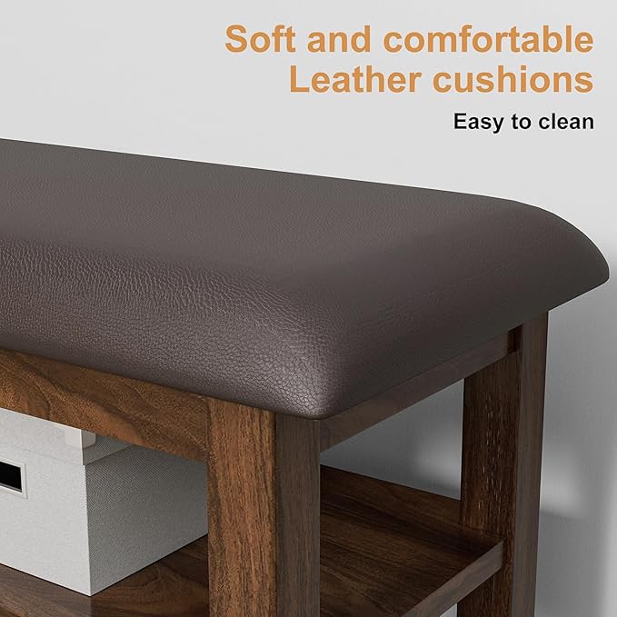 Shoe Bench Storage Rubberwood with Leather Cushion, Entryway Bench with 3-Tiers Height Adjustable, Shoe Rack Front Doors Entrances for Hallway Living Room,Mudrooms (Brown,39.4")