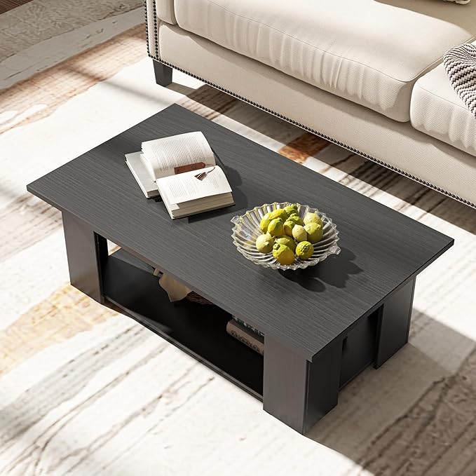 Tangkula 2-Tier Coffee Table, Modern Rectangular Center Cocktail Table with 5 Support Legs, Wooden Accent Living Room Furniture, Small Coffee Table for Small Spaces, Easy Assembly (Black)