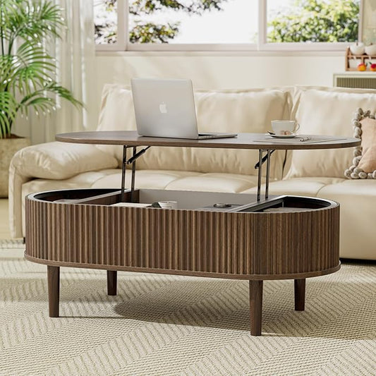 EAG Fluted Lift Top Coffee Table with Hidden Compartment, Modern Oval Coffee Table with Storage, Fully Wood Center Table for Living Room, Office, Walnut