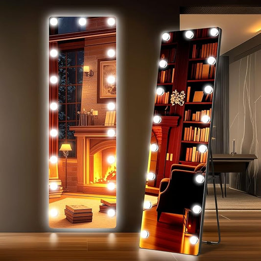 56x18 Hollywood Full Length Mirror with Light, 17 Dimmable Bulbs & 3 Color Smart Touch Control, Distortion Free, Tempered Glass & Shatter Proof Film, Safe Full Body Mirrors with Stand