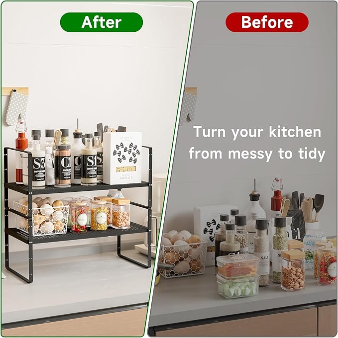Expandable Kitchen Cabinet Shelf Organizer Rack Heavy Duty Metal Spice Rack Stackable Kitchen Counter Storage Shelf for Kitchen Cabinet Pantry Bathroom (Black - 16.5"-27" L x 10.2" W x 9.6" H - 2Pack)