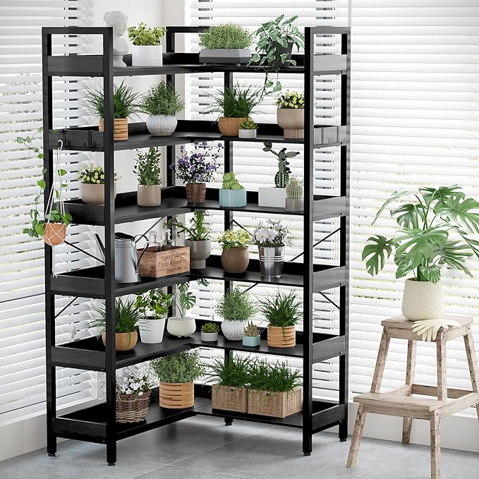 KOUSEI 6-Tier L-Shaped Reversible Corner Bookshelf, 69" Black Industrial Wood & Metal Bookcase, Wide Open Shelves + 4 Hooks for Living Room/Bedroom/Home Office