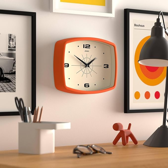 JONES CLOCKS® Movie Wall Clock | Rectangular Retro Clock | 10 inch | Orange | Cool mid-Century Designer Look for Kitchen, Living Room or Office