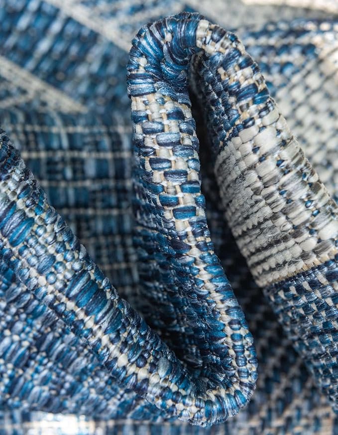 Unique Loom Outdoor Border Collection Area Rug - Soft Border (7' 10" Round, Blue/ Ivory)