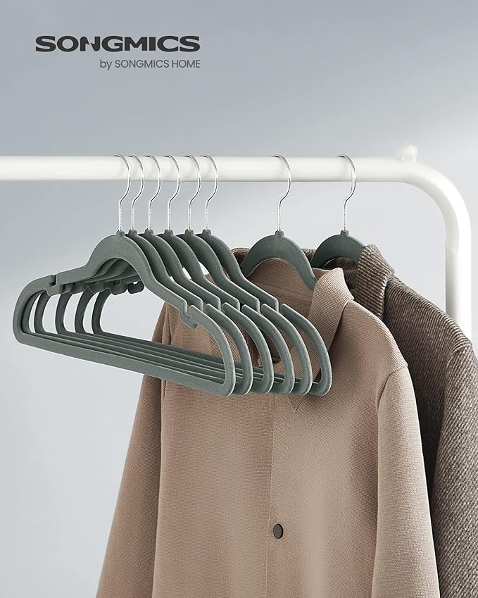 SONGMICS Velvet Hangers 30 Pack, Non-Slip Clothes Hangers, Suit Hangers with Shoulder Notches, Pants Bar, 360° Swivel Hook, Space-Saving, for Closet, Gray UCRF029V03