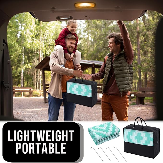 OLANLY Waterproof Outdoor Rug 6x9 ft, Outdoor Plastic Straw Rug for Camping, RV Mat Outside, Outdoor Carpet for Porch, Deck, Backyard, Balcony, Picnic, Turquoise & White