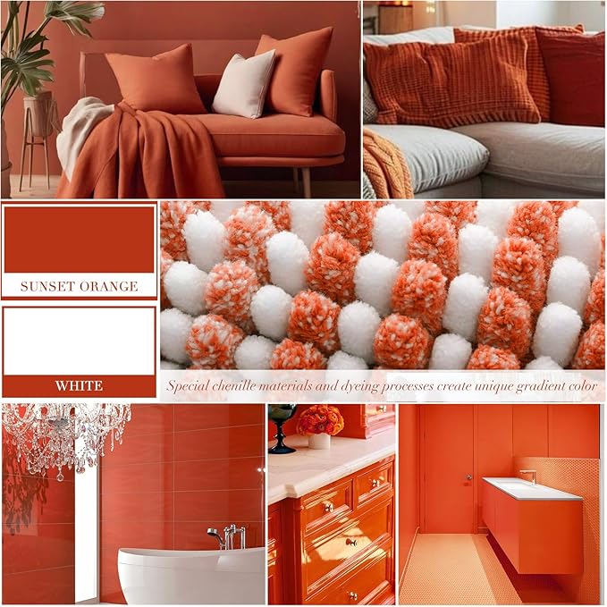 Bathroom Rugs and Mats Sets, 2 Piece Thick Absorbent Chenille Bath Mat Rug Set Non Slip, Soft Shaggy Bath Room Floor Mats for Bathroom, Machine Washable (Sunset Orange, 24" x 70" Plus 20" x 32")