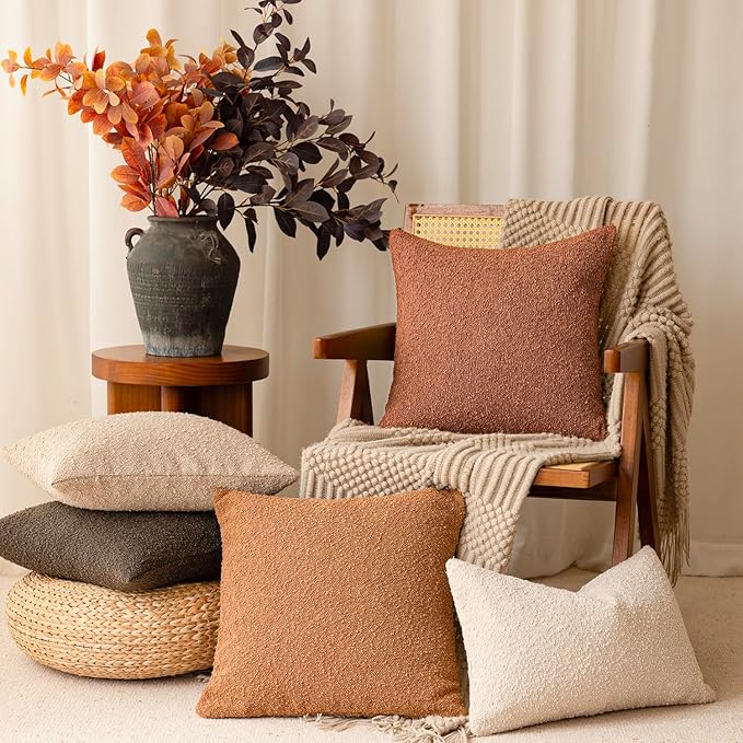 Foindtower Pack of 2 Textured Boucle Throw Pillow Covers Accent Solid Pillow Cases Decorative Cozy Soft Couch Cushion Case for Chair Sofa Bedroom Living Room Home Decor 20x20 Inch Burnt Orange Hazel