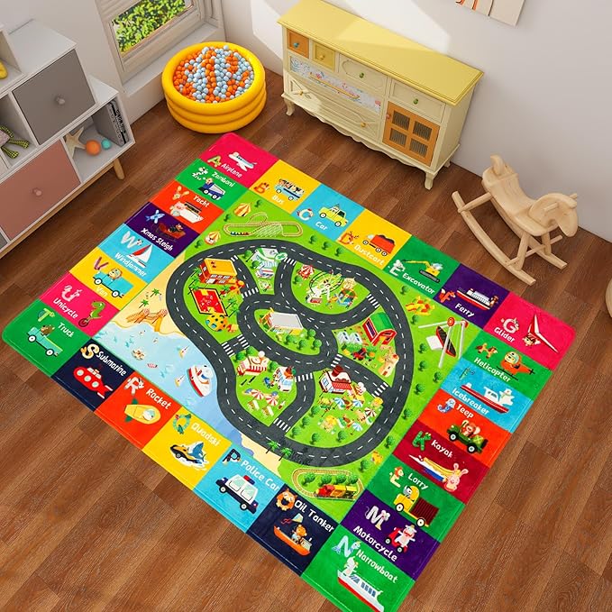 Kids Rugs Traffic Road Carpet Play Rug 47"×31.5" for Playroom Transportation ABC Educational Mat Alphabet Area Rug, Kid Playtime Collection Toddler Car Track Rug Cute Cartoon Animal Letters