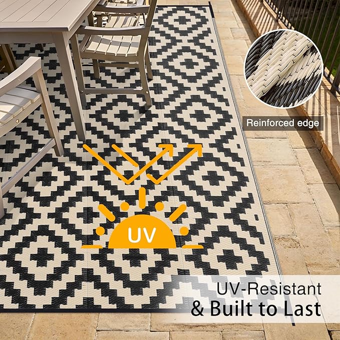 OLANLY Waterproof Outdoor Rug 8x10 ft, Outdoor Plastic Straw Rug for Camping, RV Mat Outside, Outdoor Carpet for Porch, Deck, Backyard, Balcony, Picnic, Black & Beige