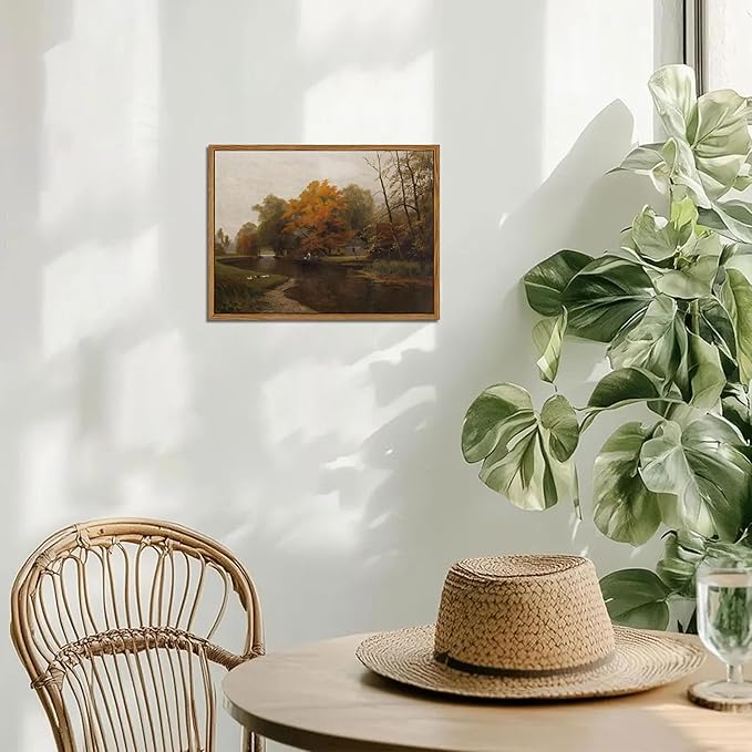 Floating Framed Canvas Wall Art Decor – Vintage Autumn by the Water Landscape Paintings Prints, Nature Countryside Pictures Wall Decor for Living Room Bedroom Office Decoration 8x10 inch