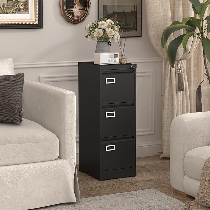 File Cabinet,3 Drawer Filing Cabinet with Lock,Metal Filing Cabinets for Home Office,School,Vertical File Cabinets for Letter/Legal/A4/F4 Size,Assembly Require,Black