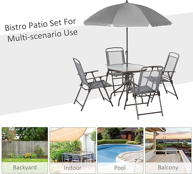 Outsunny 6 Piece Patio Dining Set for 4 with Umbrella, Outdoor Table and Chairs with 4 Folding Dining Chairs & Round Glass Table for Garden, Backyard and Poolside, Gray