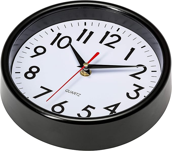 Bernhard Products Black Wall Clock 8" Silent Non-Ticking Quality Quartz Battery Operated Small Clock for Home/Office/Kitchen/Classroom/Bedroom Easy to Read