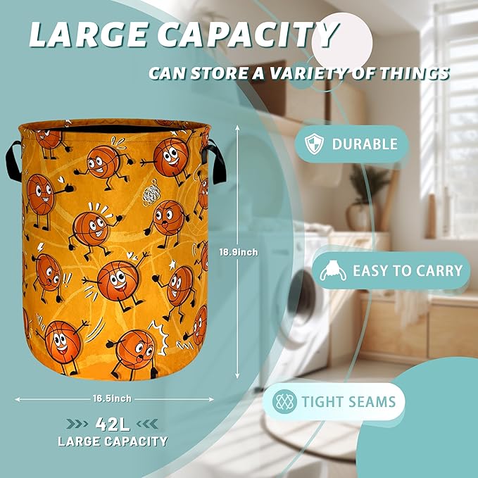 Funny Basketball Laundry Basket Foldable Oxford Cloth Basketball Laundry Hamper With Handle Portable Clothes Storage Basket 18.9 X 16.5 Inch Storage Bag For Laundry Room/Bathroom/Bedroom