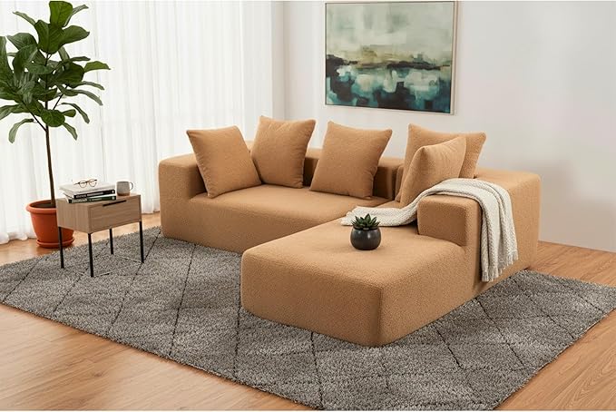 KEIKI L-Shape Cloud Sectional Sofa, 96” Modern Modular Boneless Couch with Left Chaise Lounge, Upholstered Couches for Living Room Bedroom, Brown