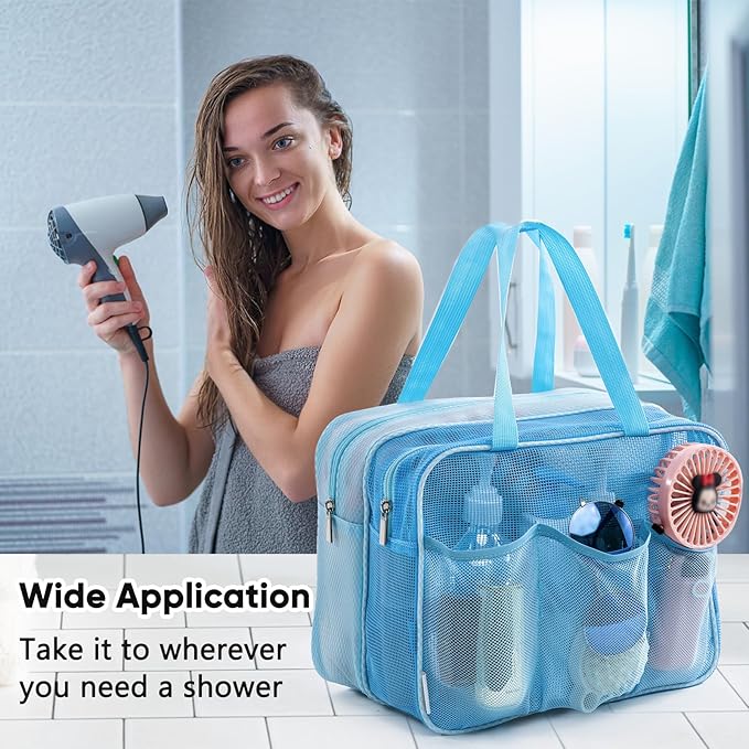 Large Mesh Shower Caddy with Wet & Dry Zones – Portable Hanging Toiletry Bag for College Dorm Room Essentials, Travel, Gym, Camping, Beach Tote Bag – Quick-Dry Shower Tote Organizer