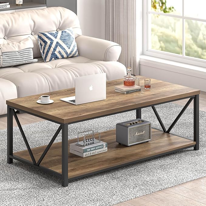 FOLUBAN Modern Coffee Table, Living Room Center Table with Storage, Wood and Metal Cocktail Table, Rustic Oak, 47 Inch