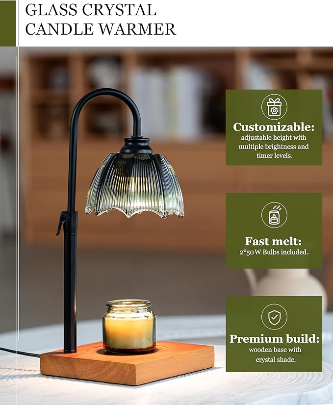 Candle Warmer Lamp with Timer, Dimmer & Adjustable Height, 25MM Rubber Wood, 2 Blubs, Fit All Size Jar Scented Candles, Safe Aromatherapy Light for Sleep, Work, Yoga, Bedroom, Office, Gift for Women