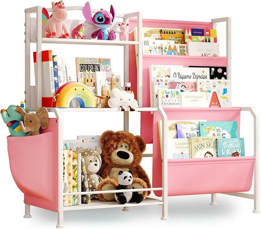 Kids Bookshelf and Toy Organizer, 3 Tier Girls Pink Bookshelf for Kids, Nursery Book Shelves, Toddler Book Shelf, Kids Book Shelf for Kid Room, White/Pink