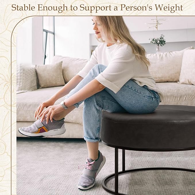 Modern Round Coffee Table, Farmhouse Ottoman for Living Room, Large Vintage Leather Coffee Tables with Leather Upholstered Padded Seat [Round, Vintage Black, 30'']