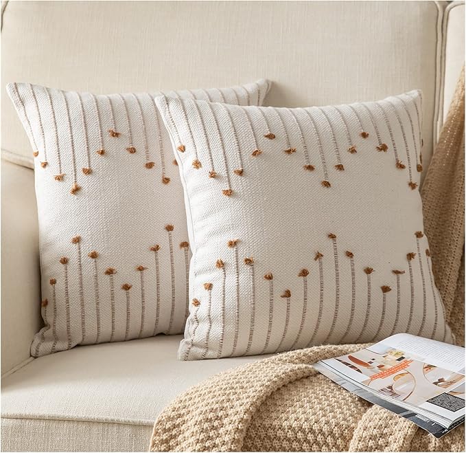Caflife Boho Throw Pillow Covers 24x24 Set of 2 Decorative Pillows for Bed, Neutral Pillow Covers Beige with Brown Line Throw Pillows for Modern Farmhouse Couch Sofa Living Room Outdoor
