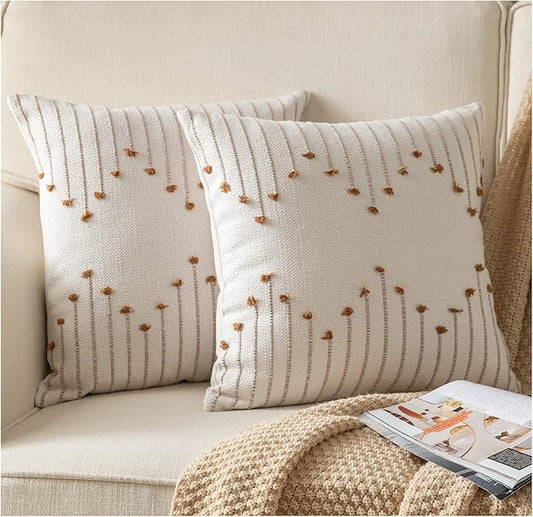 Caflife Boho Throw Pillow Covers 24x24 Set of 2 Decorative Pillows for Bed, Neutral Pillow Covers Beige with Brown Line Throw Pillows for Modern Farmhouse Couch Sofa Living Room Outdoor