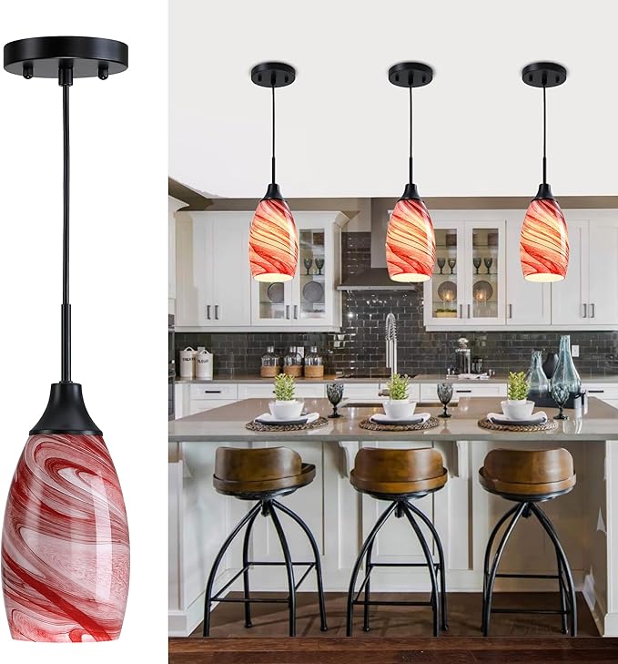 Mini Glass Pendant Light 4.72" with Handblown Burgundy Marble Art Glass Hanging Light 1-Pack Oval Ceiling Hanging Light Fixture for Dining Room Kitchen Island Cafe Foyer Hallway