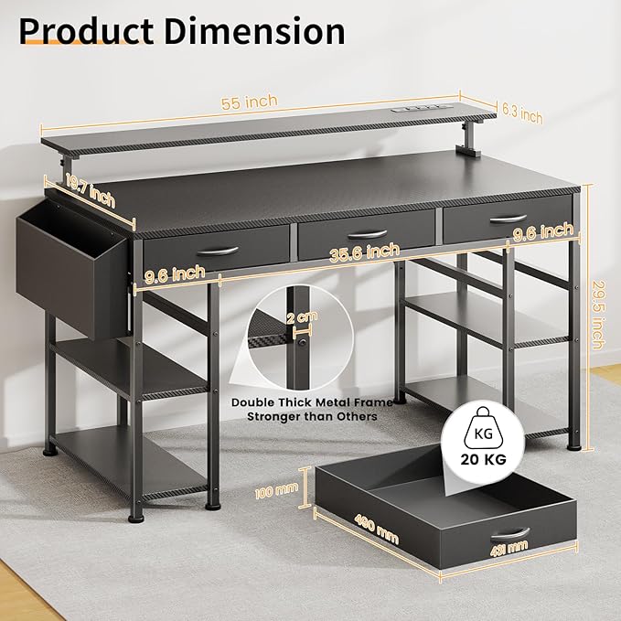 Black Gaming Desk with LED Lights and Power Outlets, 55 Inch Computer Desk with 3 Drawers and Adjustable Monitor Stand, Home Office Desks with Charging Station USB Port, Study Writing Table