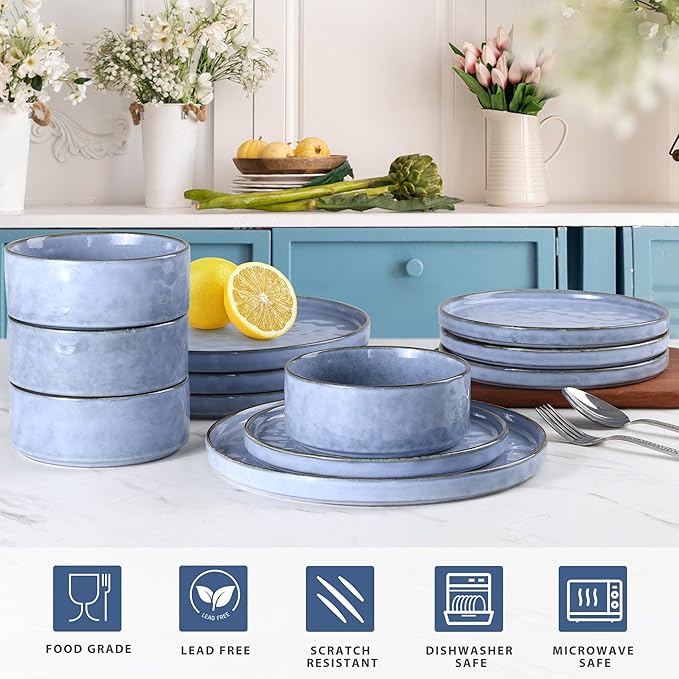 LIANYU 16 Piece Dinnerware Dish Sets with Salad Blows, Plates and Bowls Dinner Set for 4, Stoneware Dish Tableware for Dessert Salad Pasta, Microwave & Dishwasher Safe, Serenity Blue