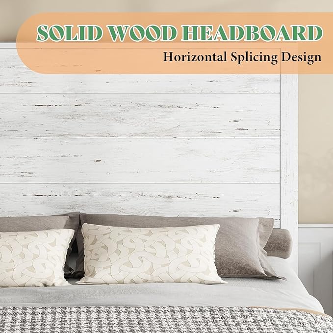 AMERLIFE Full Size 51.2" Wood Bed Frame, Rustic Platform Bed with Spliced Headboard, Wood Slats Support/No Box Spring Needed/Noiseless/Antique White