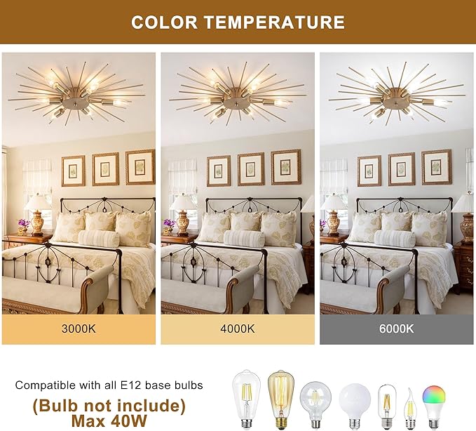Jaycomey 6-Lights Sputnik Light Fixture Flush Mount Gold Ceiling Lights Modern Firework Metal Ceiling Lighting Mid Century Chandelier for Farmhouse Dining Room Bedroom Hallway Living Room, E12