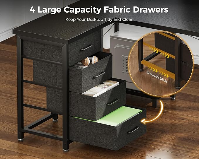 AODK L Shaped Gaming Desk with 4 Drawers, 53" Reversible Home Office Desks with Power Outlets, L Shaped Computer Desk with USB Charging Port and Host Stand, Corner Desk, Easy to Assemble, Black