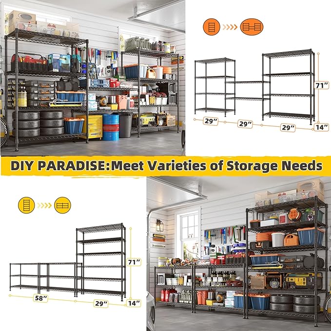 REIBII 71" H Storage Shelves 6 Tier Wire Shelving Unit 1200LBS Metal Shelves Adjustable Shelving Units and Wire Shelf Storage Rack Shelf Metal Shelving, Dorm Storage Shelves, 71" H x 29" W x 14" D