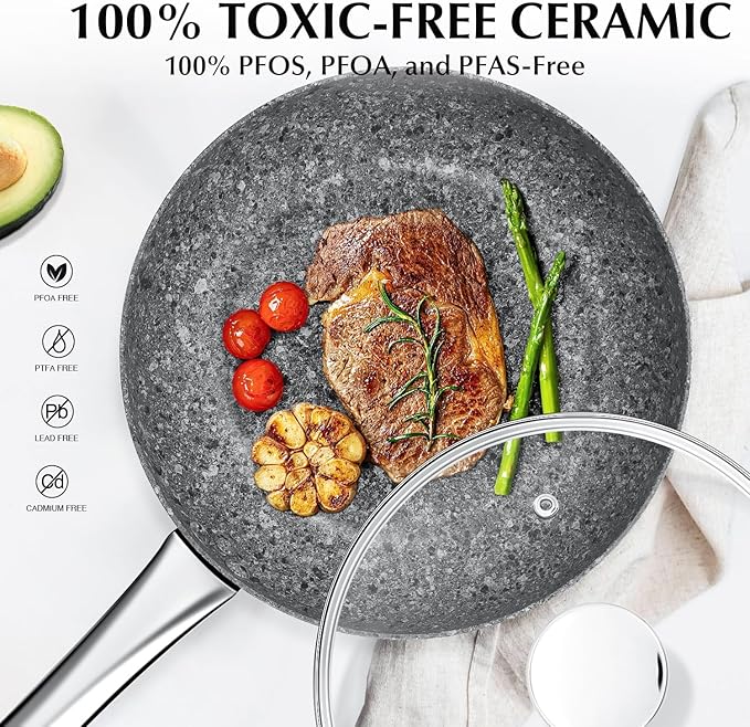 KOCH SYSTEME CS 11" Grey Non stick Granite Stone Frying Pan with Lid, Toxin-free Granite Nonstick Coating Cookware, Ultra Nonstik Skillet with Stainless Steel Handle, Oven Safe&All Stovetop Compatible