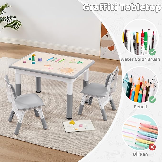 Adjustable Kids Table Chairs Set – Graffiti Desktop, Multi-Activity Height-Adjustable Toddler Study Desk for Ages 3-8 – Ideal for Home, Classroom, Daycare (W-Gray, 2 Chairs-31.5" L x 23.6" W)