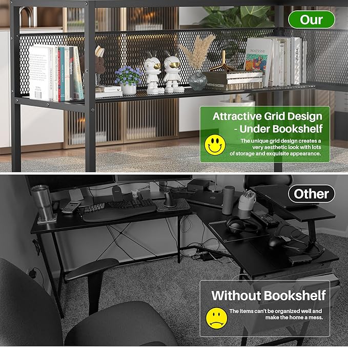 Unikito L Shaped Computer Desk with LED Strip and Power Outlets, Reversible Corner Desk with Monitor Stand and Storage Shelf, Modern Gaming Home Office Table with USB Ports, White