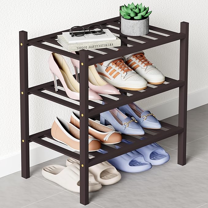 Smiry Bamboo Shoe Rack for Closet, 3 Tier Small Wooden Stackable Shoe Organizer, Free Standing Shoes Storage Shelf for Entryway, Front Door Entrance, Brown