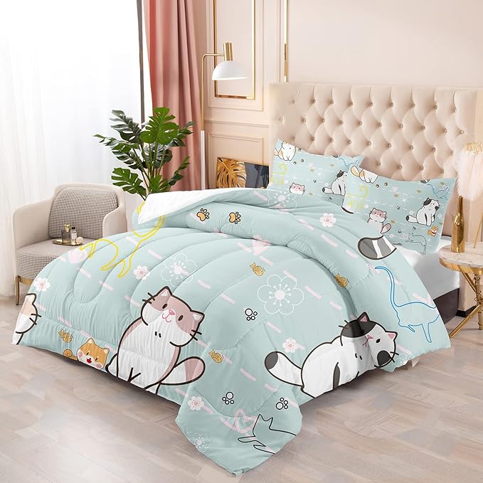 Cat Comforter for Girls Kids Teen, Cartoon Cat Bedding Set Full Size, Cute Animal Pattern Blue Comforter Set Soft Breathable Microfiber Quilt for All Season 3Pcs with Pillowcases