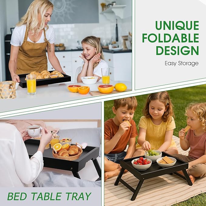 Bed Tray Table for Eating with Folding Legs, Bamboo Breakfast Table in Bed for Eating on Couch, Bed, Laptop Computer Tray(Black, Medium)