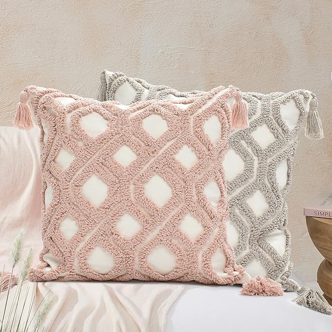 Boho Pillow Covers 18X18 Inch Boho Tufted Throw Pillow Covers Decorative Tassels Cushion Cover Farmhouse Pillow Case for Couch Sofa Bed Living Room Bedroom, Taupe