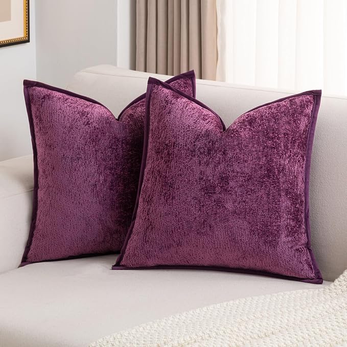 FUTEI Purple Chenille Throw Pillow Covers 20x20 Inch Set of 2,Soft Cozy Bound Edge Design Cushion Case,Home Decor for Couch Bed Living Room