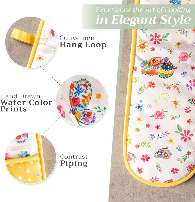 Maison d' Hermine Double Oven Mitts 100% Cotton 7"x35" Double Oven Mitt Heat Resistant BBQ Cooking Gloves with Loop, Baking, Grilling, Kitchen, Handling Hot Pans Spring Summer (Happy Florals - Sweety)