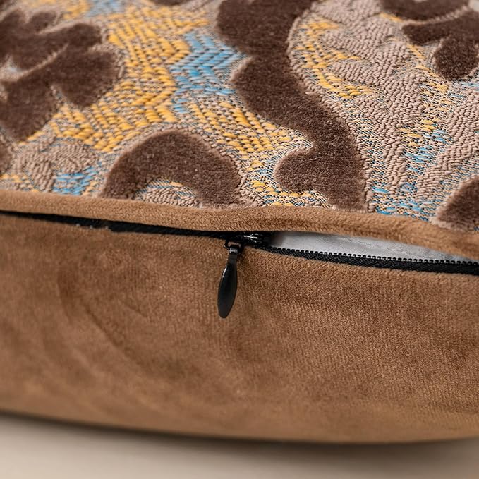 Alerfa Boho Brown Floral Throw Pillow Cover 20x20 Inch Cut Velvet Sqaure Luxury Embroidered Decorative Pillow Cover for Couch Living Room Bedroom