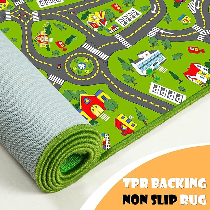 Non-Slip Town City Road Map Playmat for Boys, Perfect for Playroom and Bedroom, Car Track Mat - 4'11" x 3'3"(Rectangular)