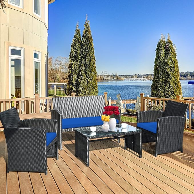 Tangkula 8 Pieces Patio Wicker Conversation Furniture Set, Patiojoy Sofa & Table Set w/4 Seats, Outdoor Rattan Sofa Set for Balcony Backyard, Wicker Chair Set with Tempered Glass Coffee Table