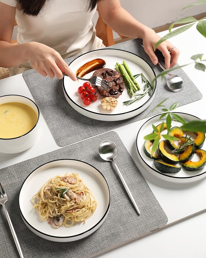 Sweejar Porcelain Dinnerware Sets for 4, 12 Pieces Ceramic Plates and Bowls Set, Classic Modern Simple Kitchen Dinner Dining Ware Set, Dishwasher and Microwave Safe Dishes Sets(Pure White-Black Rim)