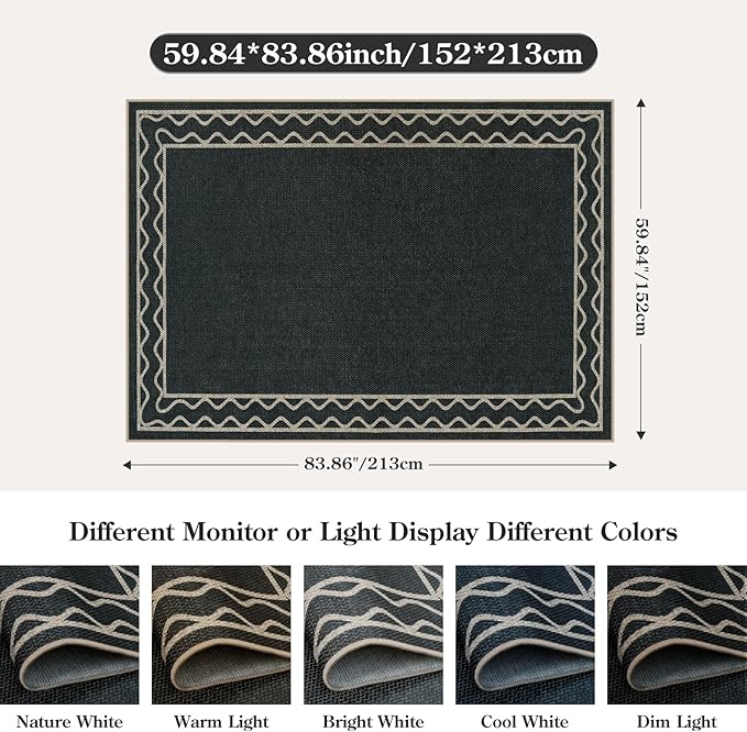 OJIA Easy Jute Washable Rugs 5x7 Outside Rug, Modern Outdoor Patio Rug for Living Room Wavy Border Indoor Outdoor Rug Farmhouse Non-Slip Black Carpet Geometric Area Rug for Backyard Dining Room