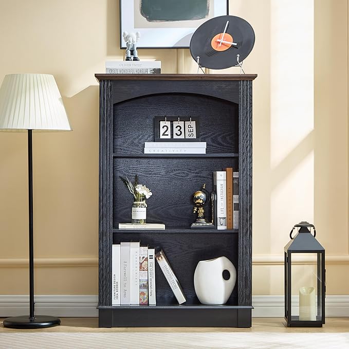 Black Bookshelf, 3 Tier Bookcase and Kids Bookshelf, Small Storage Cabinet with Wooden Cube Storage Organizer, Modern Book Shelf for Bedroom Furniture, Living Room, Office, Toy Organizer Cabinet