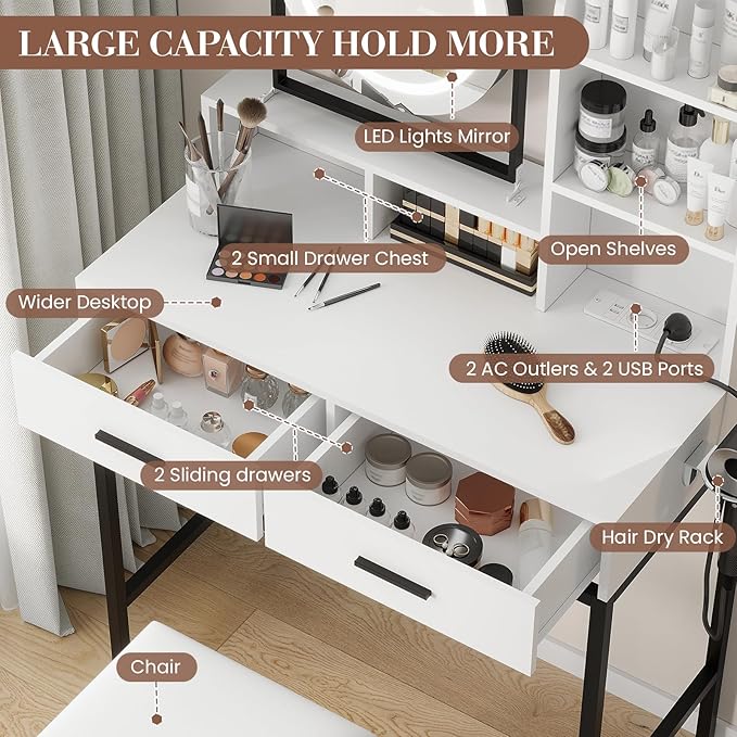 Vanity Desk with Rotating Mirror, Makeup Vanity Desk with Adjustable Mirror, 3 Colors Adjustable Light, Power Outlet, Dressing Table With 2 Drawers, Storage Shelves & Stool for Bedroom, White & Black